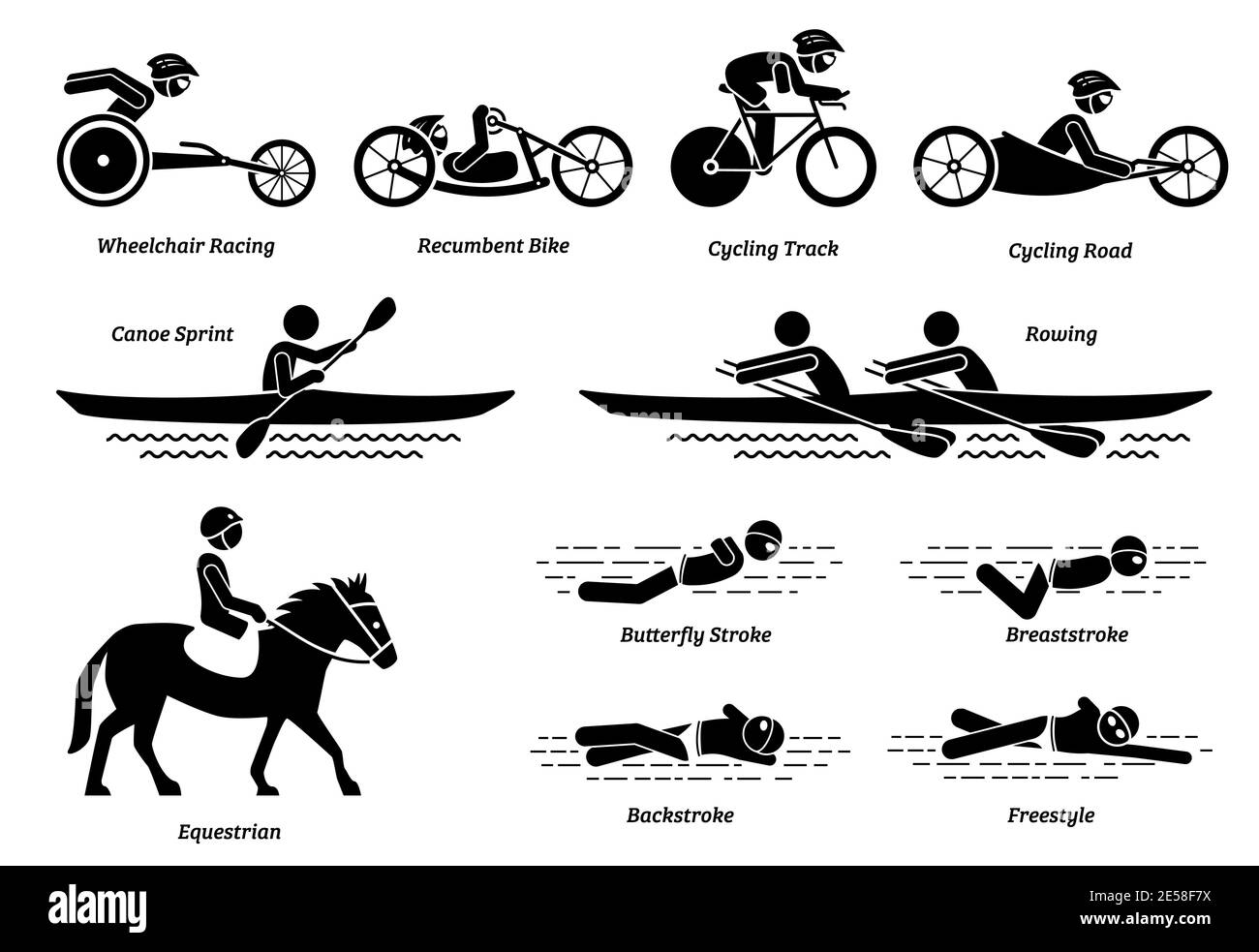 Behindertensport und Spiele für behinderte Sportler Stick Figuren Symbole. Vektor-Symbole von Rollstuhlrennen, Radfahren, Rudern, Reiten und Schwimmsport Stock Vektor