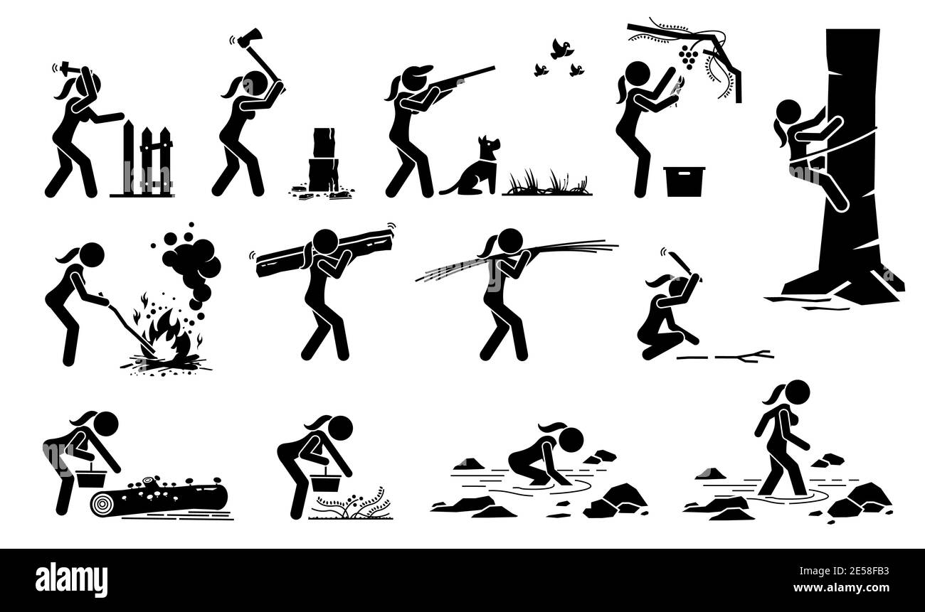 Frau, die in traditionellen Lebensstil im Wald oder Dschungel Stick Figur Ikonen. Vektor-Illustrationen eines Mädchens überleben in den Wäldern durch die Jagd, se Stock Vektor