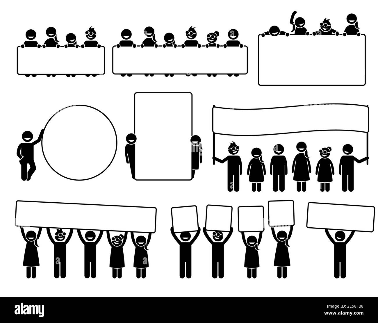 Glückliche Kinder halten und posieren hinter leeren Bannern Stick Figuren Symbole. Vektor-Illustrationen von Jugendlichen oder Schulkinder tragen große weiße poste Stock Vektor