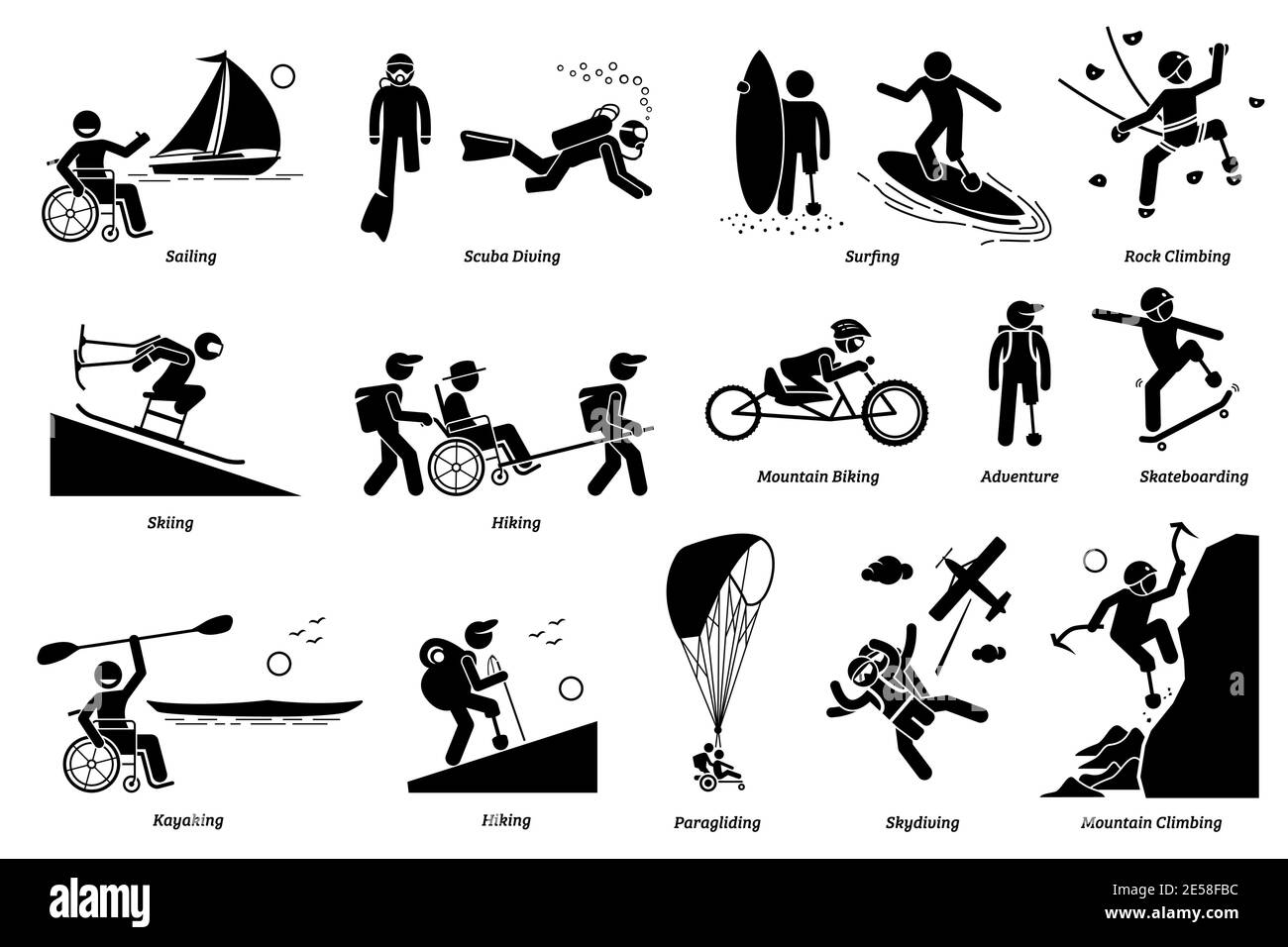 Adaptive Freizeitaktivitäten für behinderte oder behinderte Menschen Stick Figur Symbole. Vektor-Illustrationen von Extremsport und zugänglichen Abenteurerin Stock Vektor