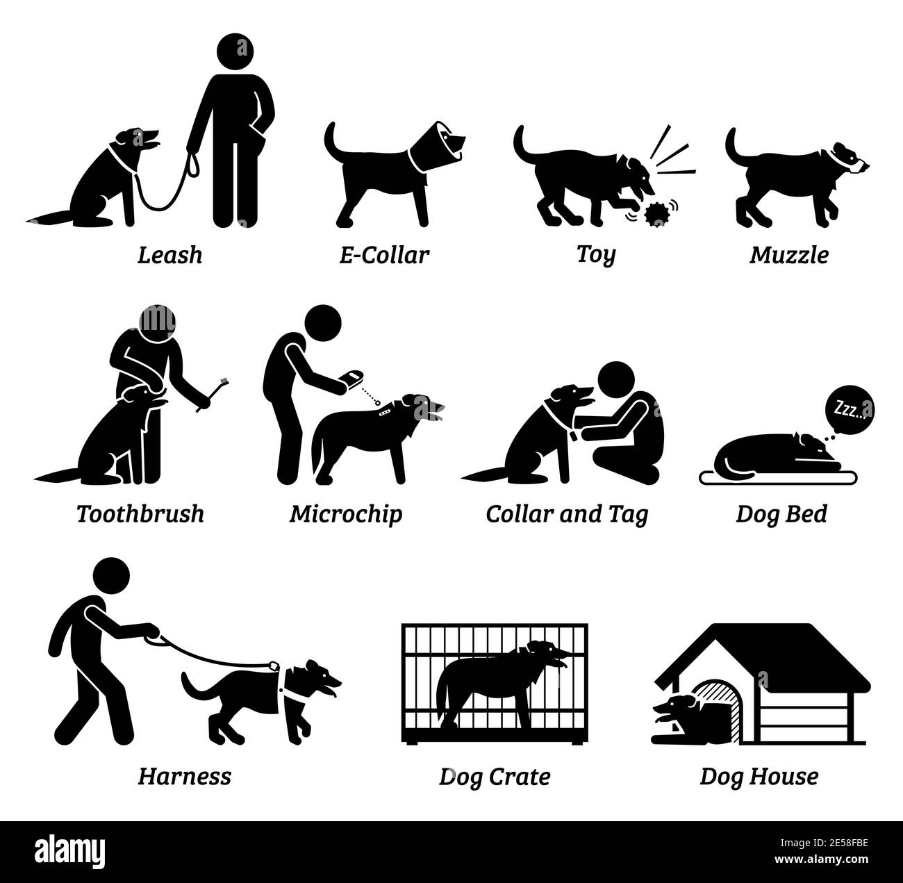 Symbole für Geräte und Werkzeuge für Hunde. Vektor-Illustrationen und Piktogramm von Hundeleine, Kragen, Spielzeug, Schnauze, Zahnbürste, Mikrochip-Scanner, Bett, h Stock Vektor