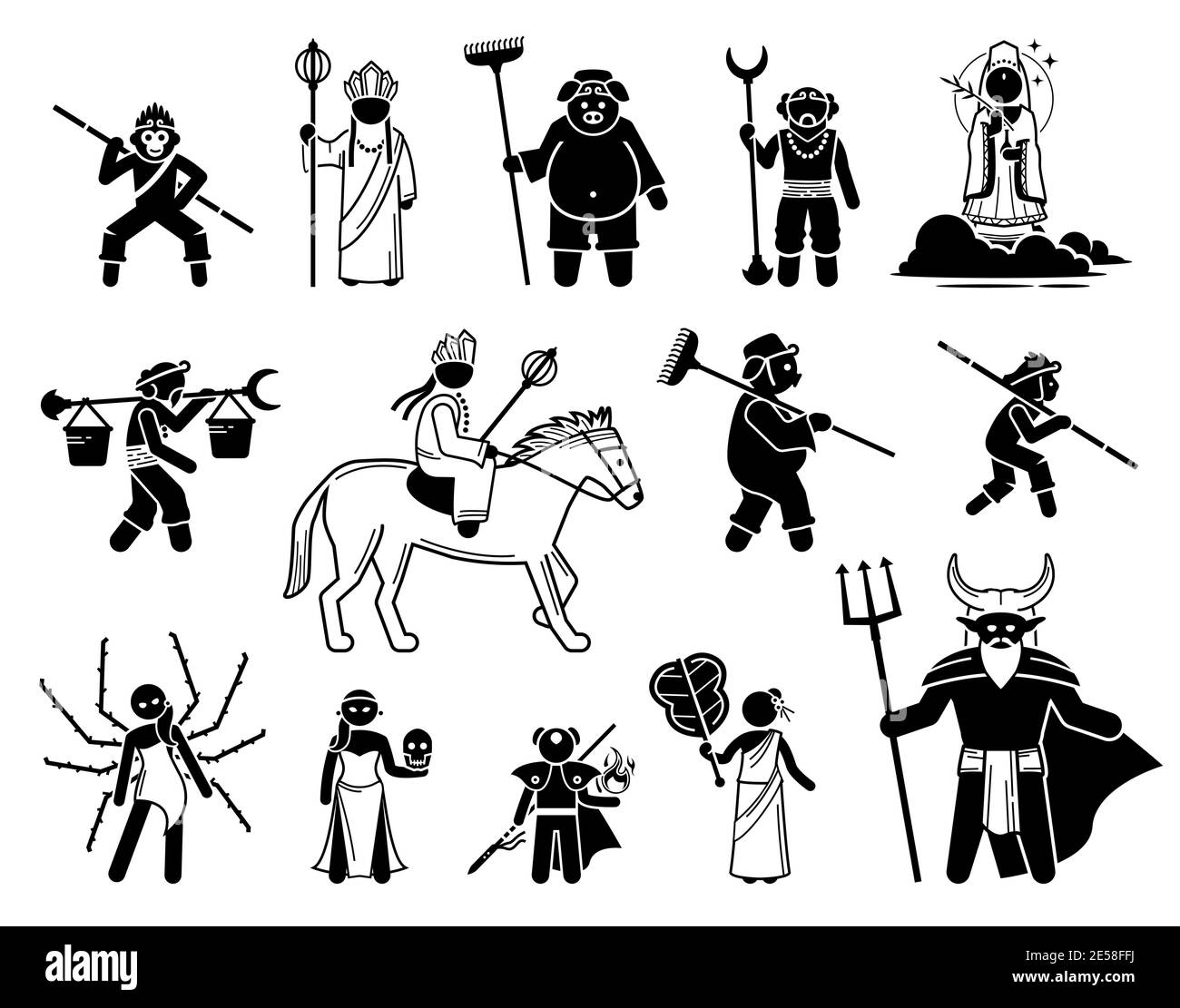 Reise in den Westen Charaktere Symbole gesetzt. Vektor-Illustrationen von legendären Helden und Schurken der chinesischen Mythologie. Stock Vektor