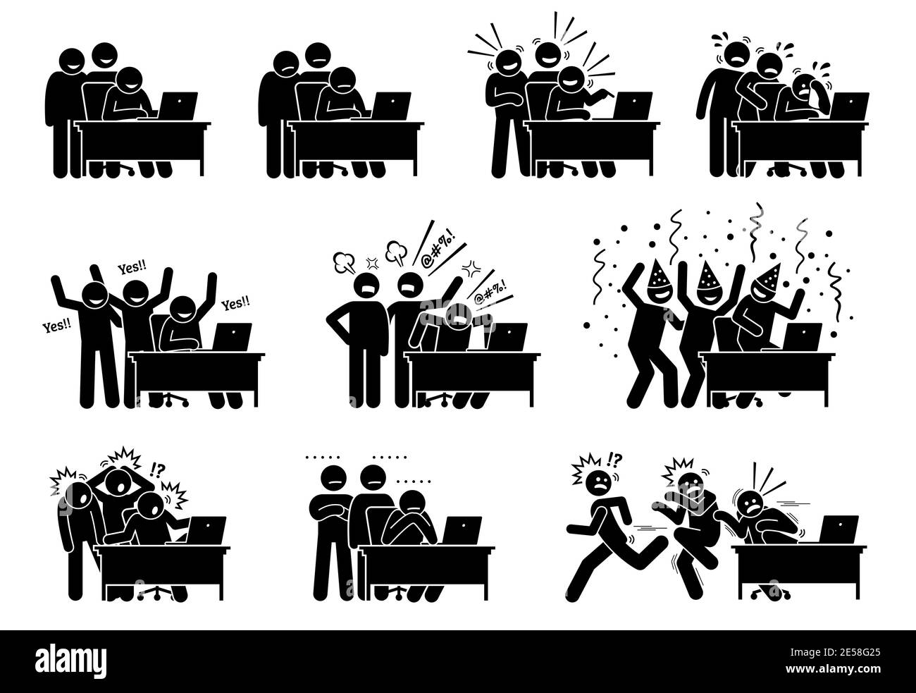 Gruppe von Freunden Reaktionen auf die Online-Nachrichten und Dinge, die sie sehen und lesen aus dem Internet. Vektor-Illustrationen einer Gruppe von Männern reagieren und Stock Vektor