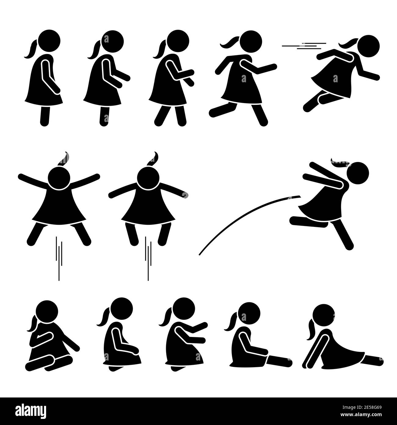 Kleine Mädchen grundlegende Aktion Posen Stick Figur Symbole. Vektordarstellung eines kleinen Mädchens, das auf dem Boden steht, geht, läuft, springt und sitzt. Stock Vektor