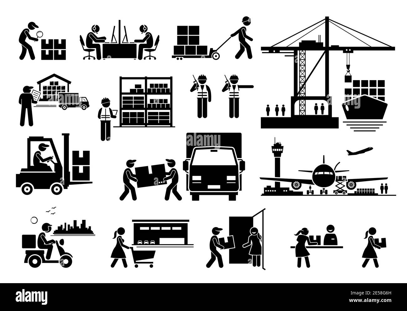 Logistik und Versand von Import und Export Industrie Icons Set. Vektor-Illustrationen von Lagerbeständen, Lager, Frachter, Transport und Kurier liefern Stock Vektor