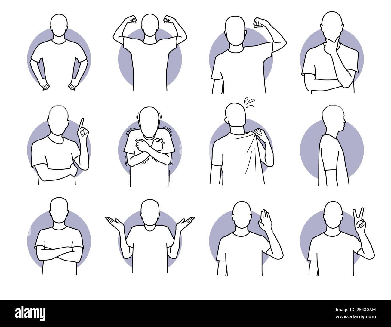 Grundlegende menschliche Handlungen und Körpersprachen. Vektor-Illustration eines Mannes mit verschiedenen Posen. Stock Vektor