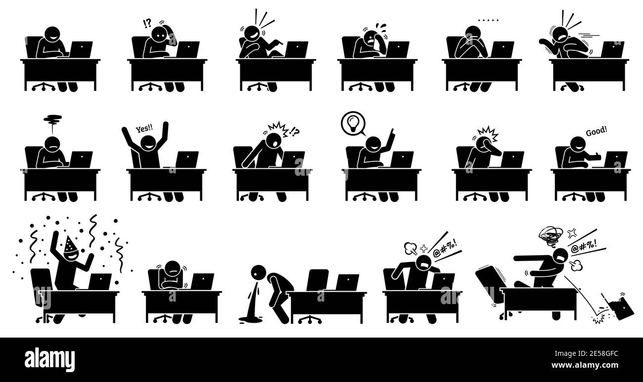 Ein Mensch, der Computerreaktionen auf die Online-Nachrichten und Dinge verwendet, die er aus dem Internet sieht und liest. Vektor-Illustrationen einer Person reagieren und showi Stock Vektor