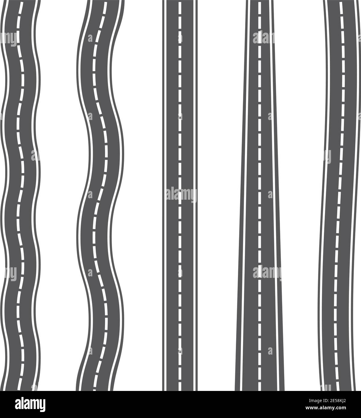 Vertikale nahtlose Straßen auf weißem Hintergrund. Set von Asphaltstraße Draufsicht. Stock Vektor