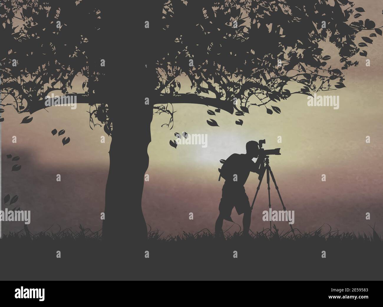 Ein Fotograf, der unter dem Sonnenuntergang fotografiert Stock Vektor