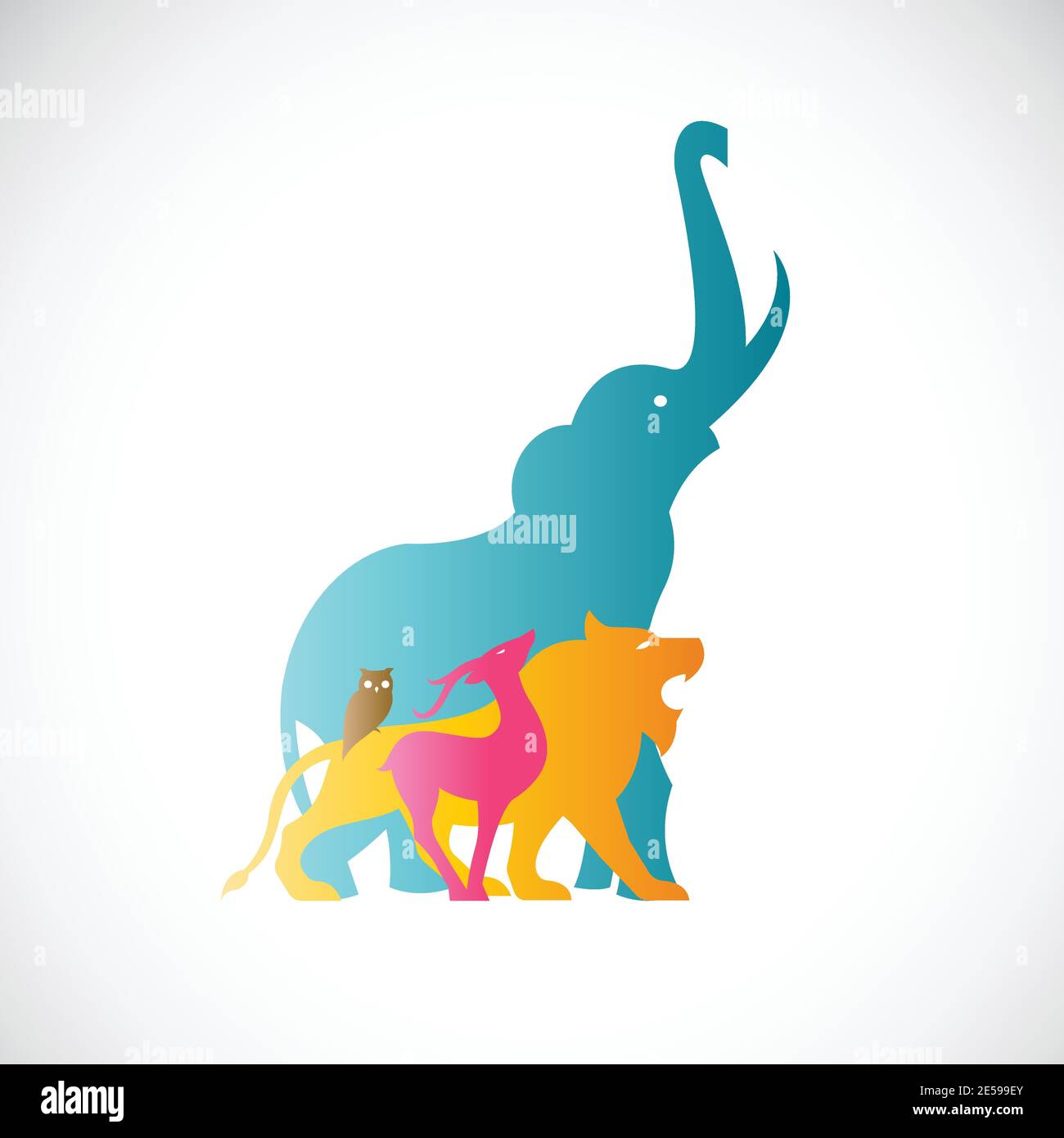 Vektorbild eines Tierdesigns auf weißem Hintergrund., Vektor Tier für Ihren Entwurf. , Elefant, Löwe, Hirsch, Eule, Tier, Wildtiergruppen Stock Vektor