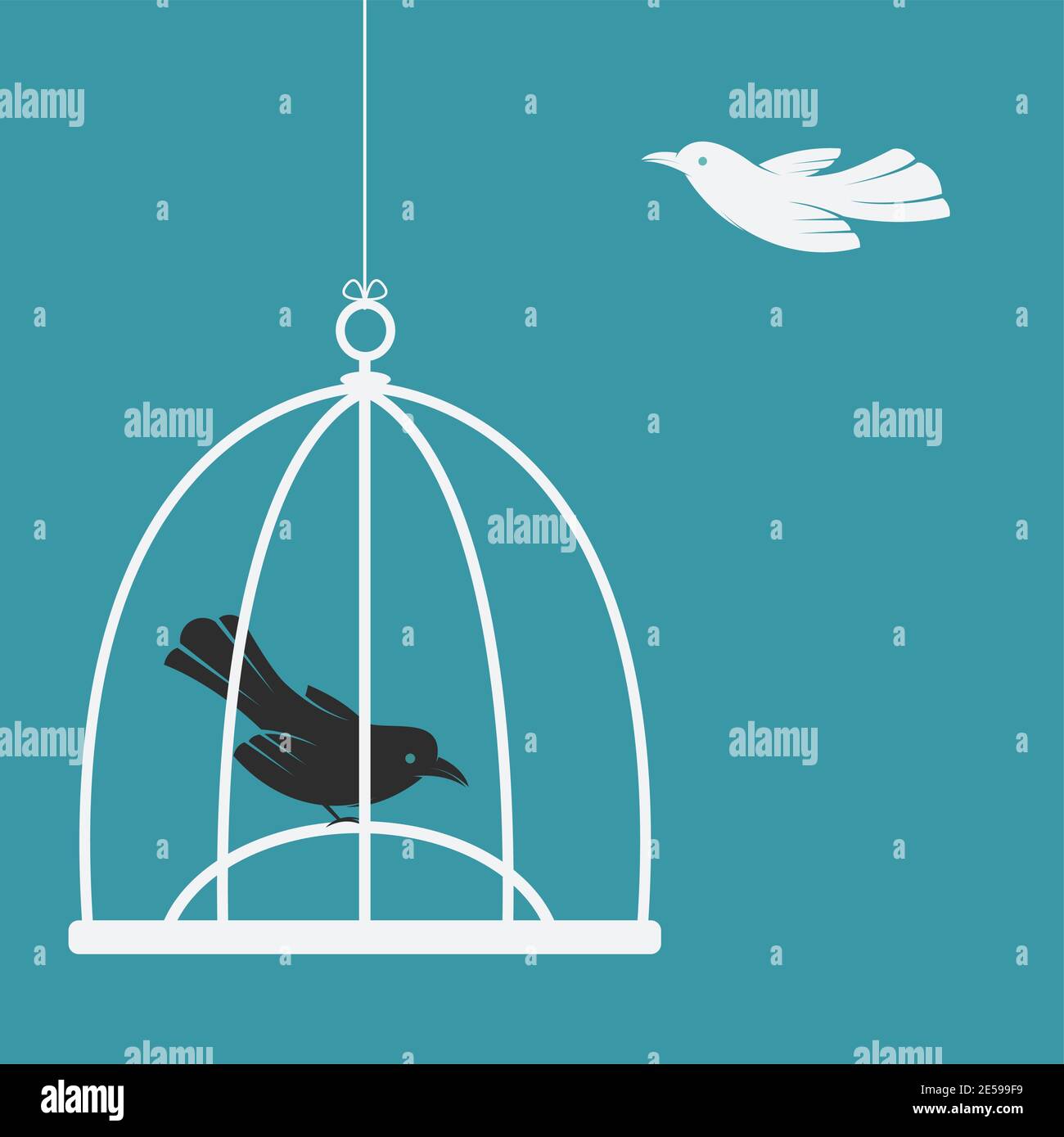 Vektor eines Vogels im Käfig und außerhalb des Käfigs. Freiheitskonzept. Leicht editierbare Vektorgrafik mit Ebenen. Stock Vektor