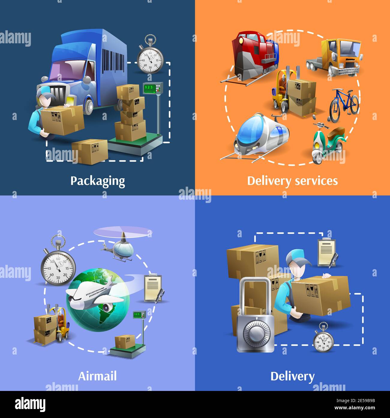 Transport und Lieferung Cartoon-Symbole mit Verpackung und Post gesetzt Darstellung des vom Dienst isolierten Vektors Stock Vektor