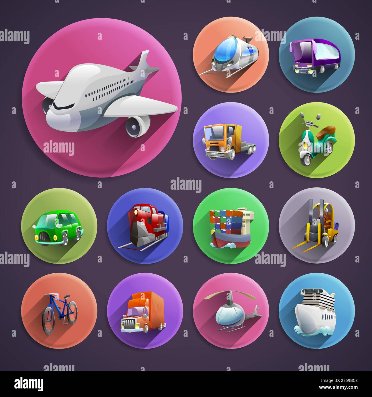 Transport und Logistik Cartoon Runde Symbole mit Flugzeug und gesetzt Schiff auf violettem Hintergrund Schatten isoliert Vektor-Illustration Stock Vektor