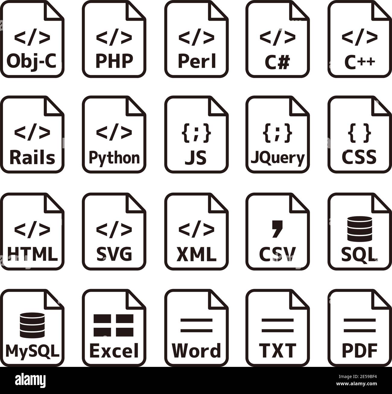 Wichtige Programmiersprachen und Dateiformate Vektorsymbole Illustrationssatz. Stock Vektor
