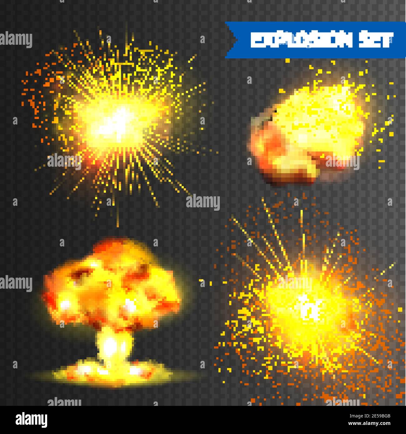 Realistische Bomben- oder Feuerwerksexplosionen setzen isoliert auf transparenten Hintergrund vektorgrafik Stock Vektor