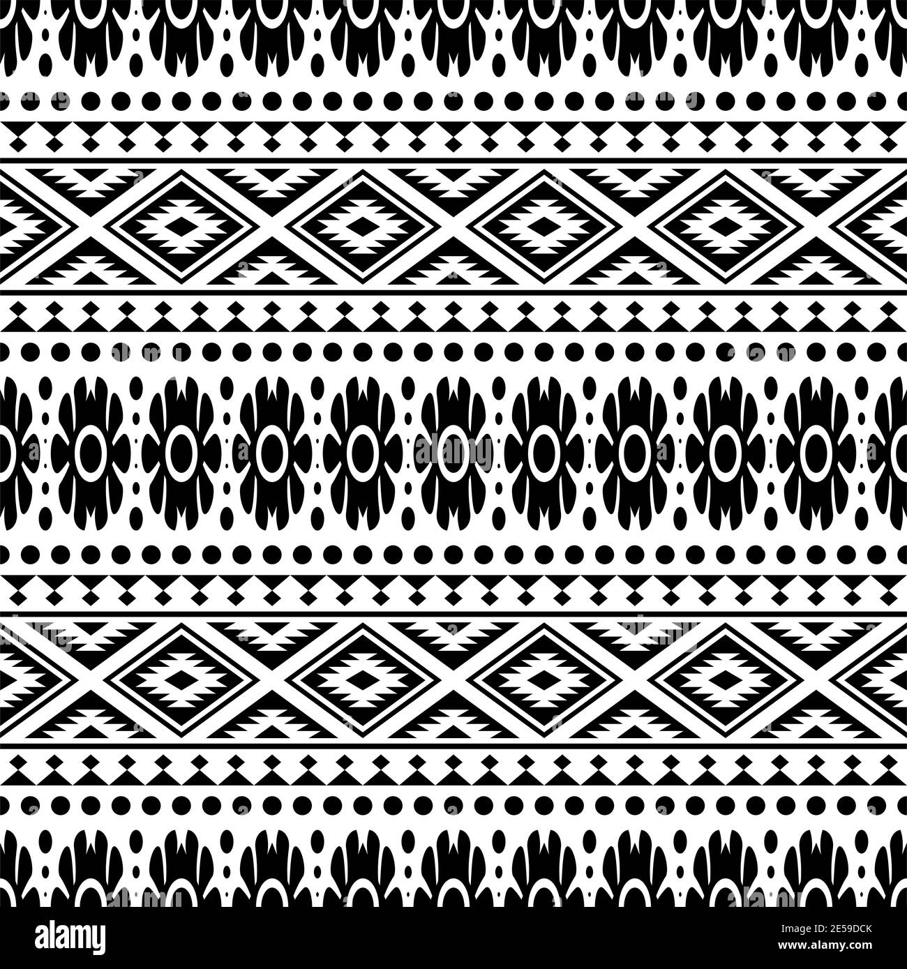 Vector Ethnic Seamless Muster schwarz weiß Farbe, abstrakte geometrische Hintergrundillustration, Textilomuster aus Stoff Stockfoto