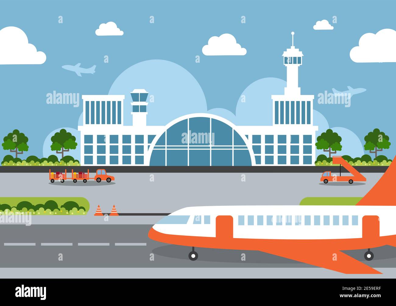 Flughafenterminal Gebäude mit Infografik Flugzeuge starten und anders Transportarten Elemente Vorlagen Vektor Illustration Stock Vektor