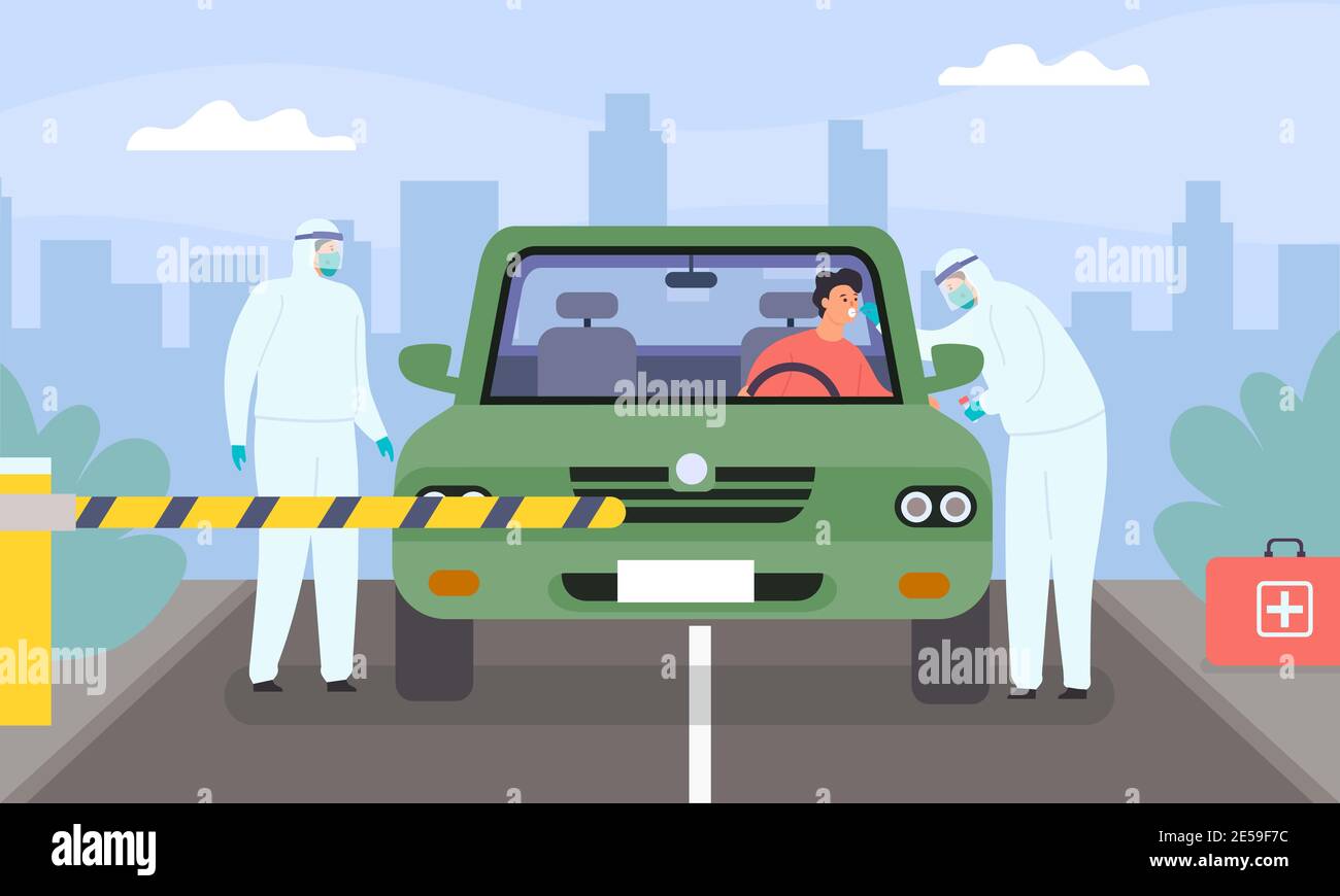 Coronavirus-Drive-Thru-Tests. Personen in Schutzkleidung nehmen Proben vom Fahrer im Auto. Covid-19 Test im Mobile Station Vector Concept Stock Vektor