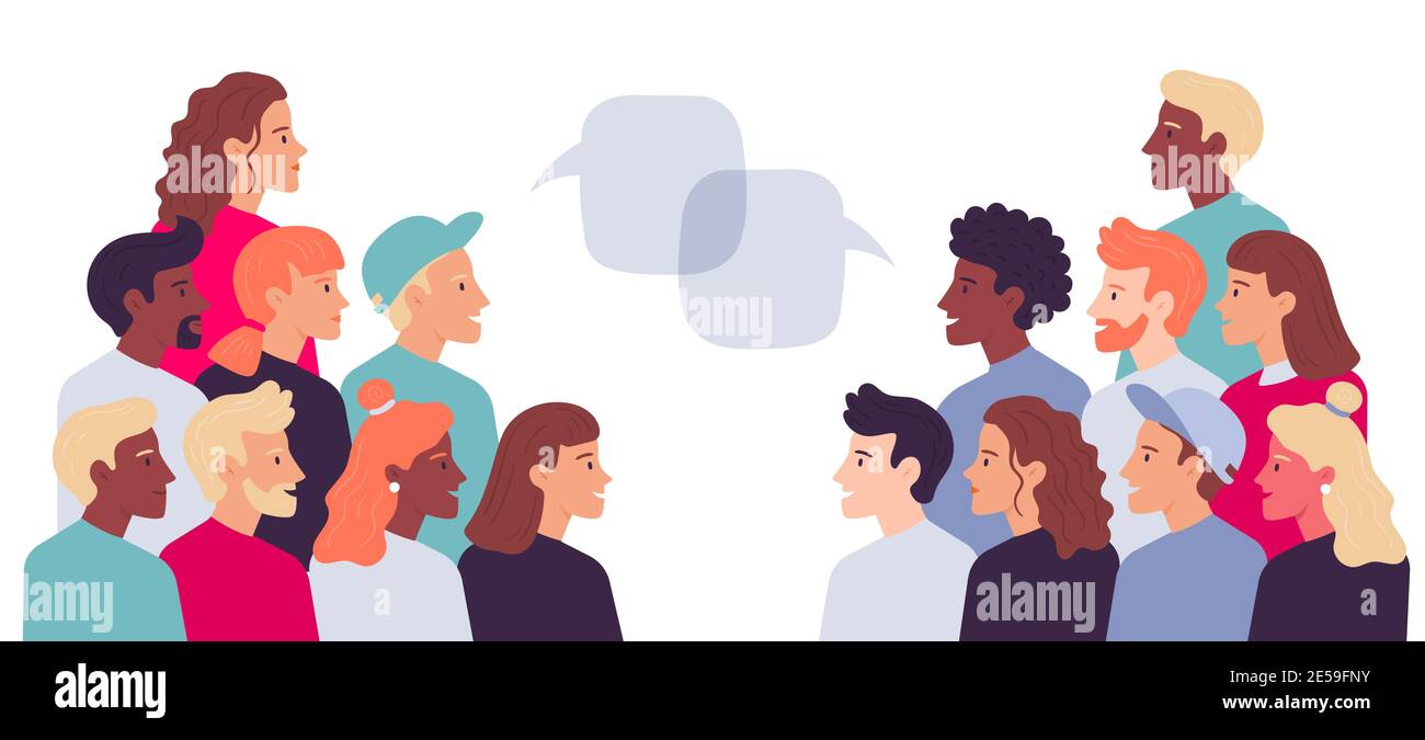 Zwei Gruppen von Menschen, die mit Sprechblasen reden Stock Vektor