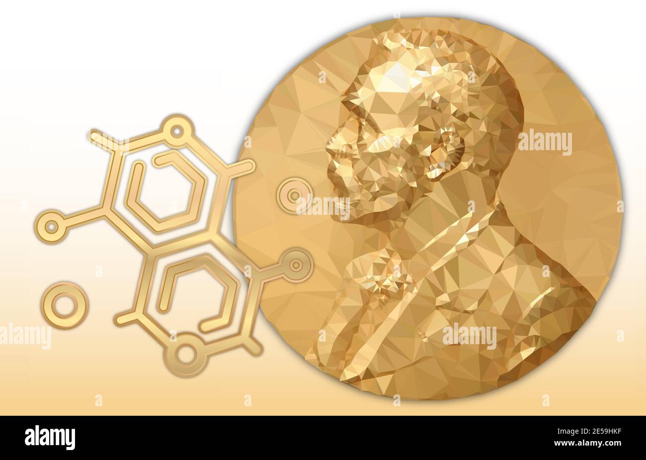 Nobelpreis für Chemie, goldene polygonale Medaille und chemisches Symbol, Vektorgrafik Stock Vektor