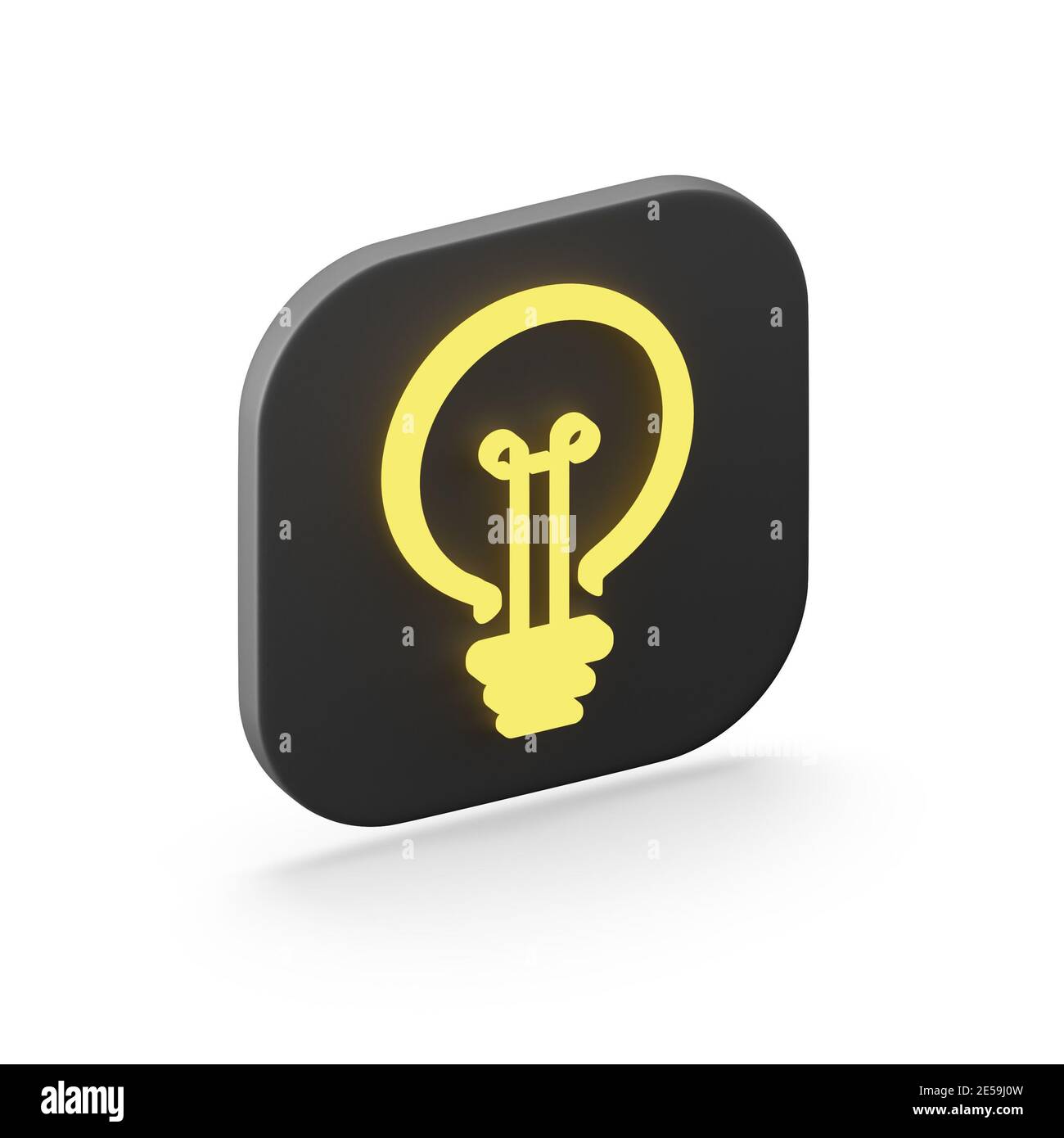 Das Symbol ist eine stilisierte flache gelbe Glühbirne, ein schwarzer quadratischer Knopf. 3D-Rendering Stockfoto