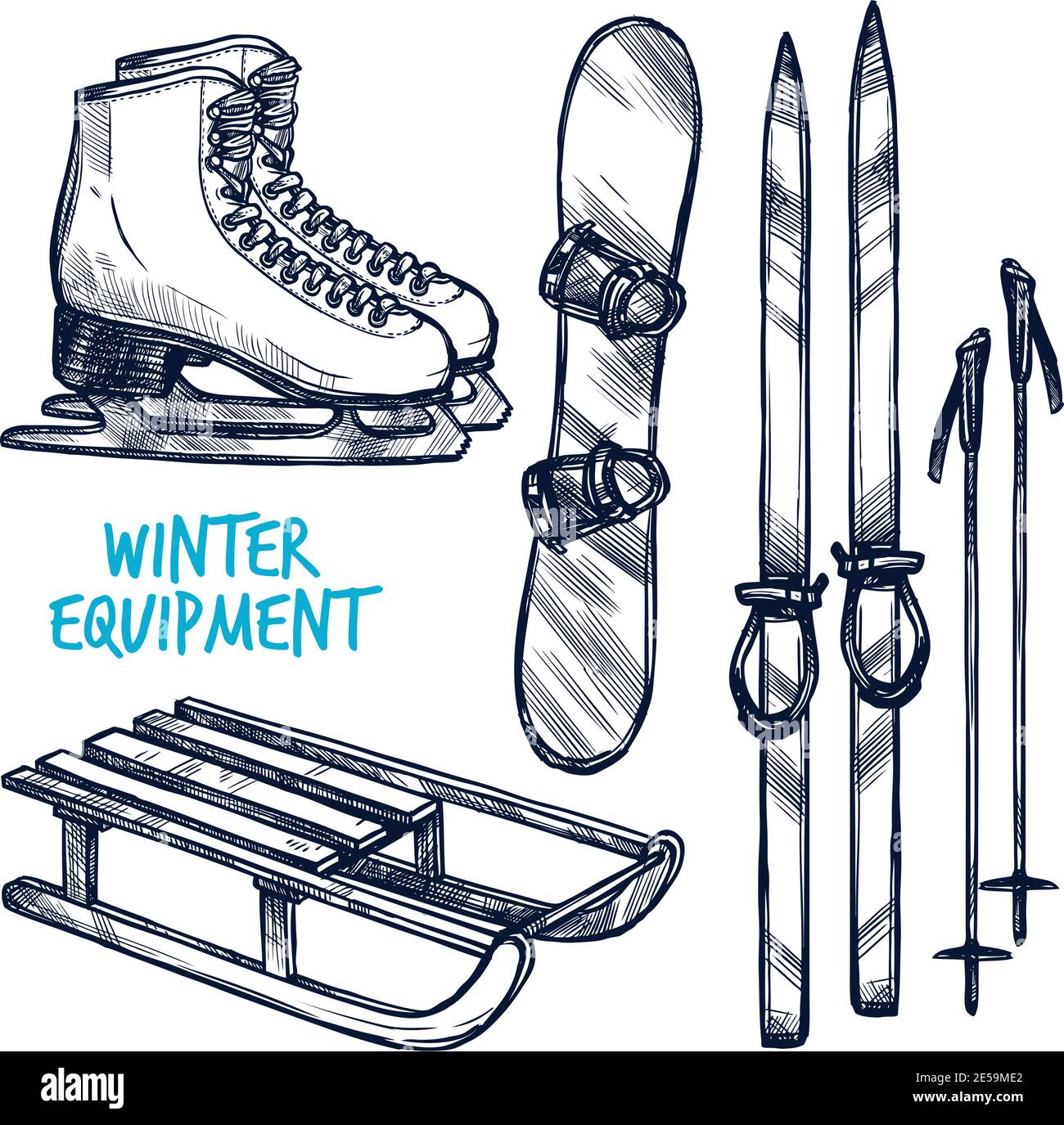 Skizze Wintersport-Objekte mit handgezeichneten Schlitten und Snowboard isolierte Vektor-Illustration Stock Vektor