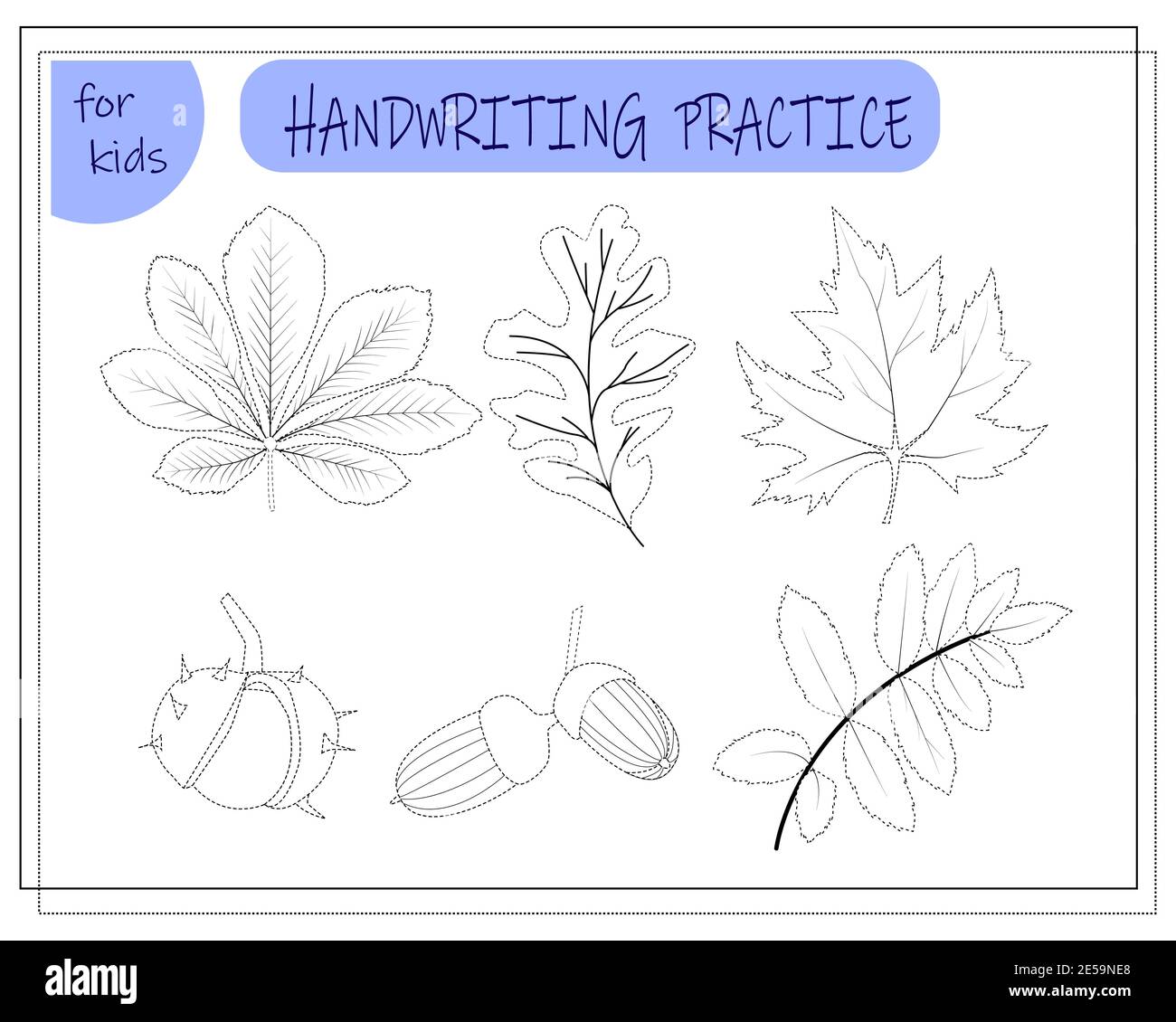 Üben Sie Handschrift. Zeichnen Sie ein Arbeitsblatt für Vorschulkinder mit Leichtigkeit. Ein einfaches Lernspiel für Kinder. Illustration von Baumblättern für Kinder Stock Vektor