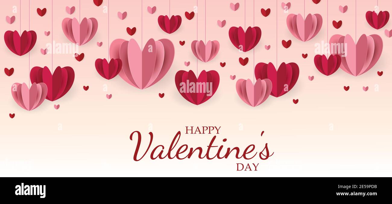Happy Valentines Day Hintergrund Vektor Illustration. Happy Valentine's Day Nachricht rote und rosa Herzen auf einem rosa Hintergrund. Herzen in Papierschnitt-Stil Stock Vektor