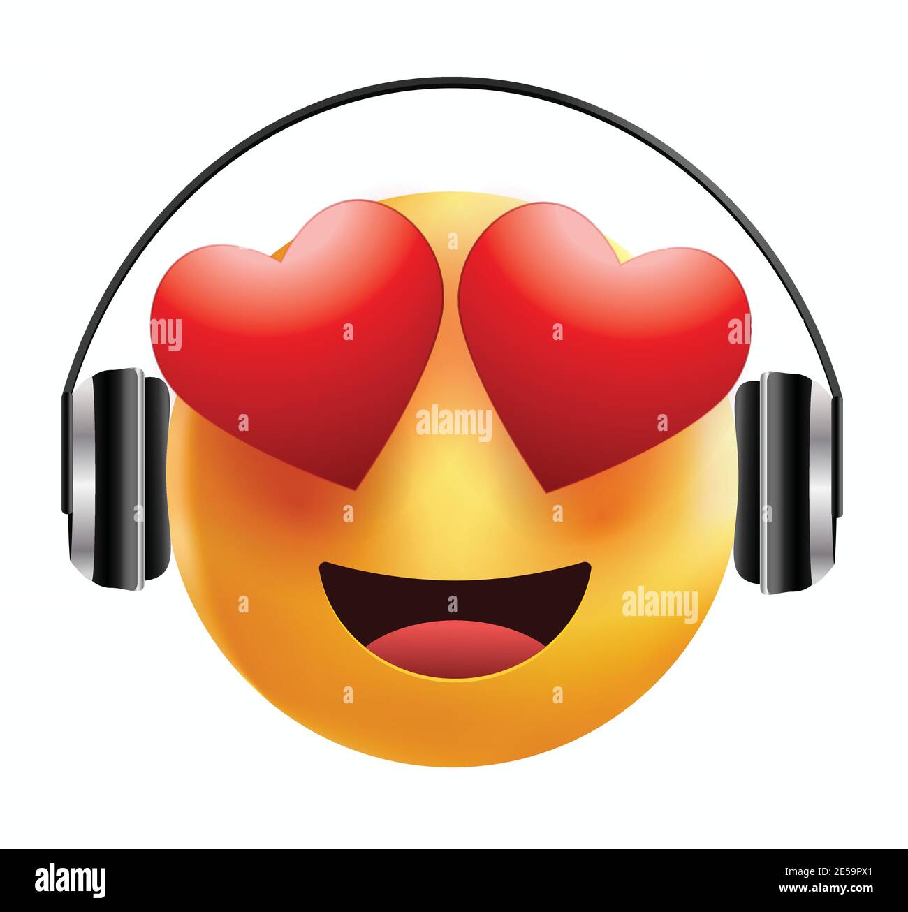 Hochwertige Emoticon lächelnd, Liebe Emoji mit Kopfhörern isoliert auf  weißem Hintergrund. Gelbes Gesicht Emoji mit roten Herzen Augen und  Kopfhörer Vektor Stock-Vektorgrafik - Alamy
