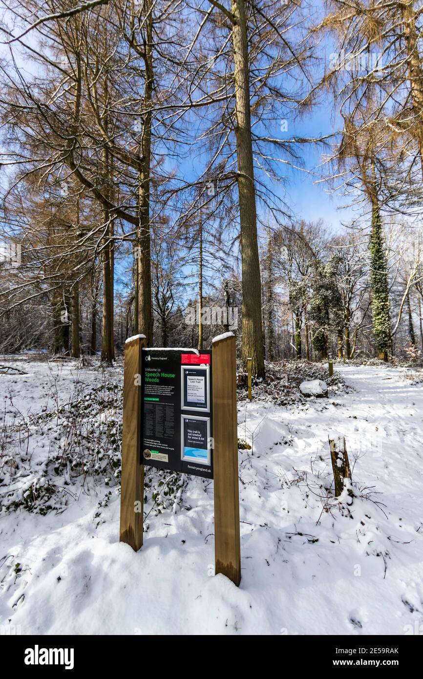 Speech House Woods Parkplatz Schild. Forest of Dean Sculpture Trail, Speech House Woods, Gloucestershire. Stockfoto