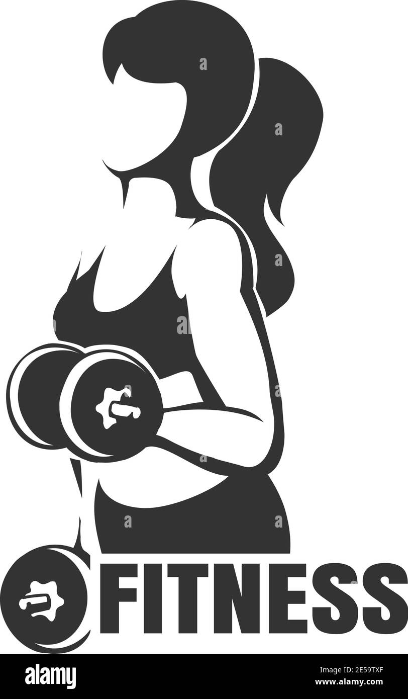 Bodybuilder-Logos-Vorlage. Sport Label, Gym Abzeichen, Fitness Logo Design, Emblem Grafiken. Frau Hält Gewicht Silhouette. Vektorgrafik. Stock Vektor