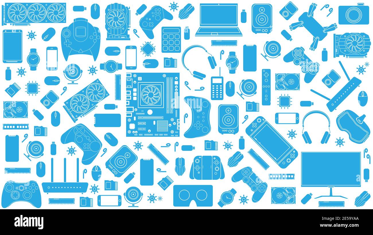 Sammlung von Minianwendungen und Gerätemustern aus Hardware-Komponenten des Computers Und Elektronikzubehör Stockfoto