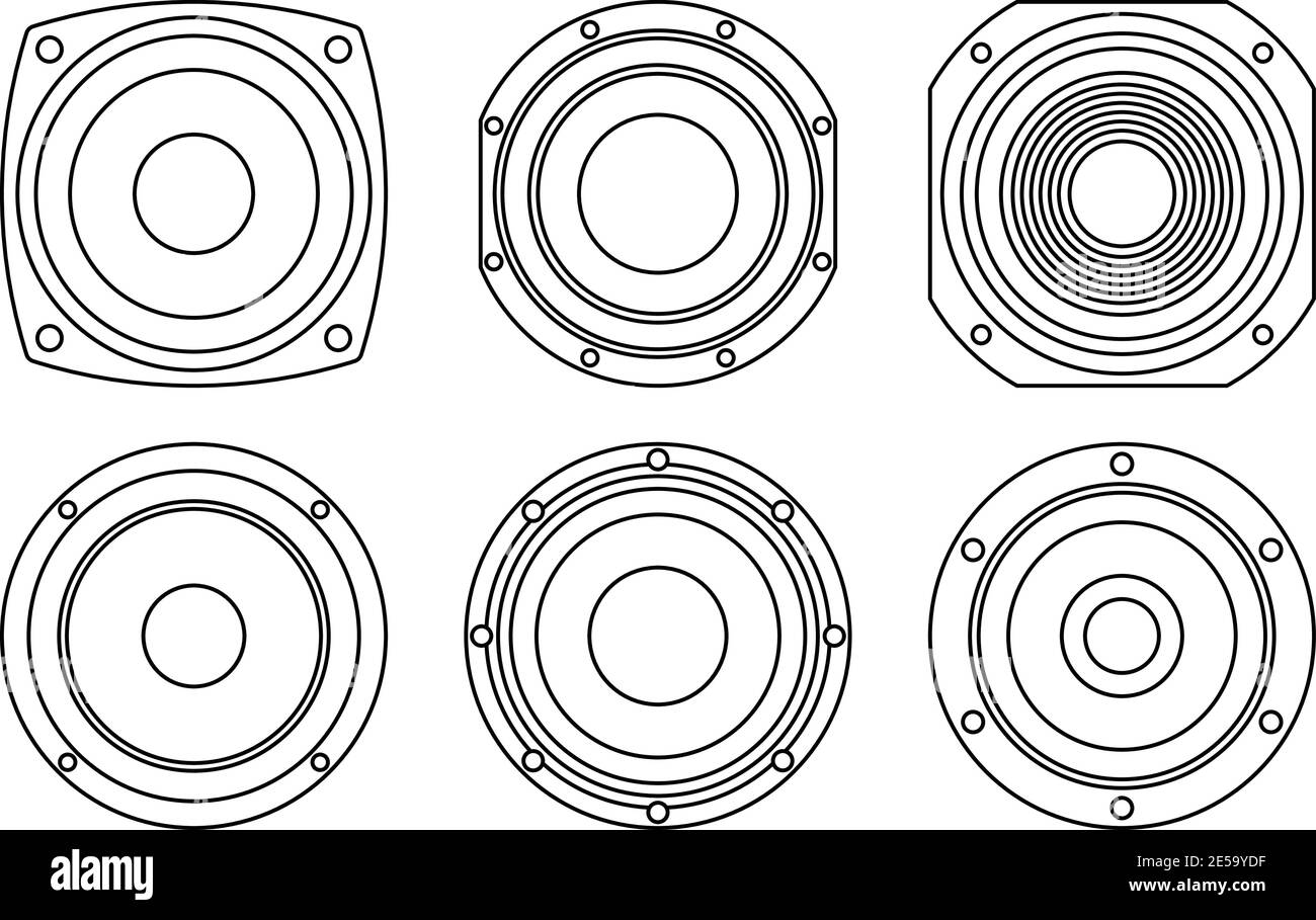 Satz von Lautsprechersymbolen. Vektor mit dünnen Linien Stock Vektor