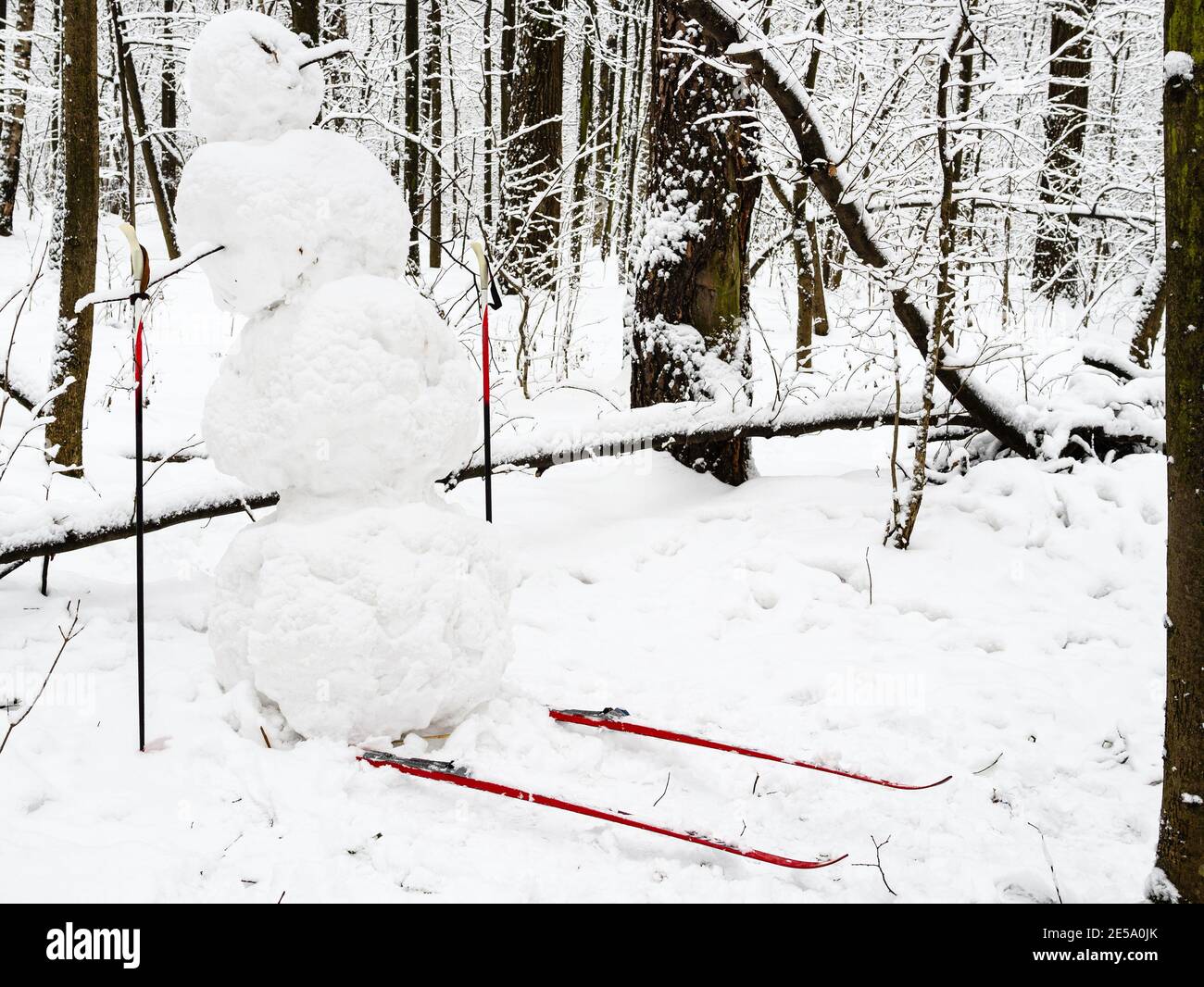 Handgefertigter Schneemann Skifahrer im verschneiten Stadtpark im bewölkten Winter Tag Stockfoto