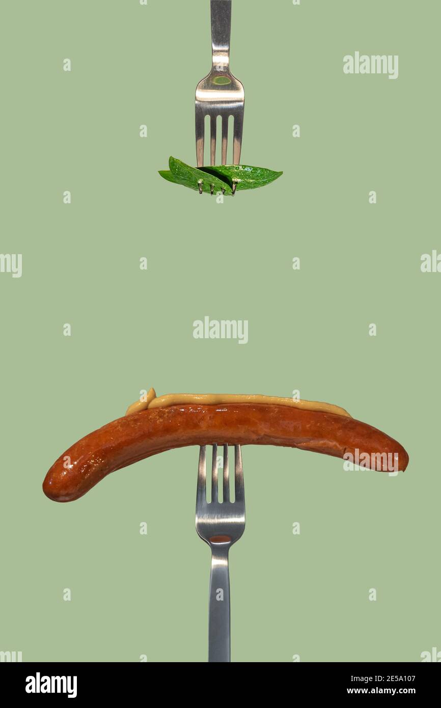 Grüne frische Blätter gepflückt von einer Gabel zum Essen als Neues veganes Essen und gegrillte Wurst mit Senf auf einem anderen Gabel bei Salatfarbe solide Hintergrund mit Stockfoto