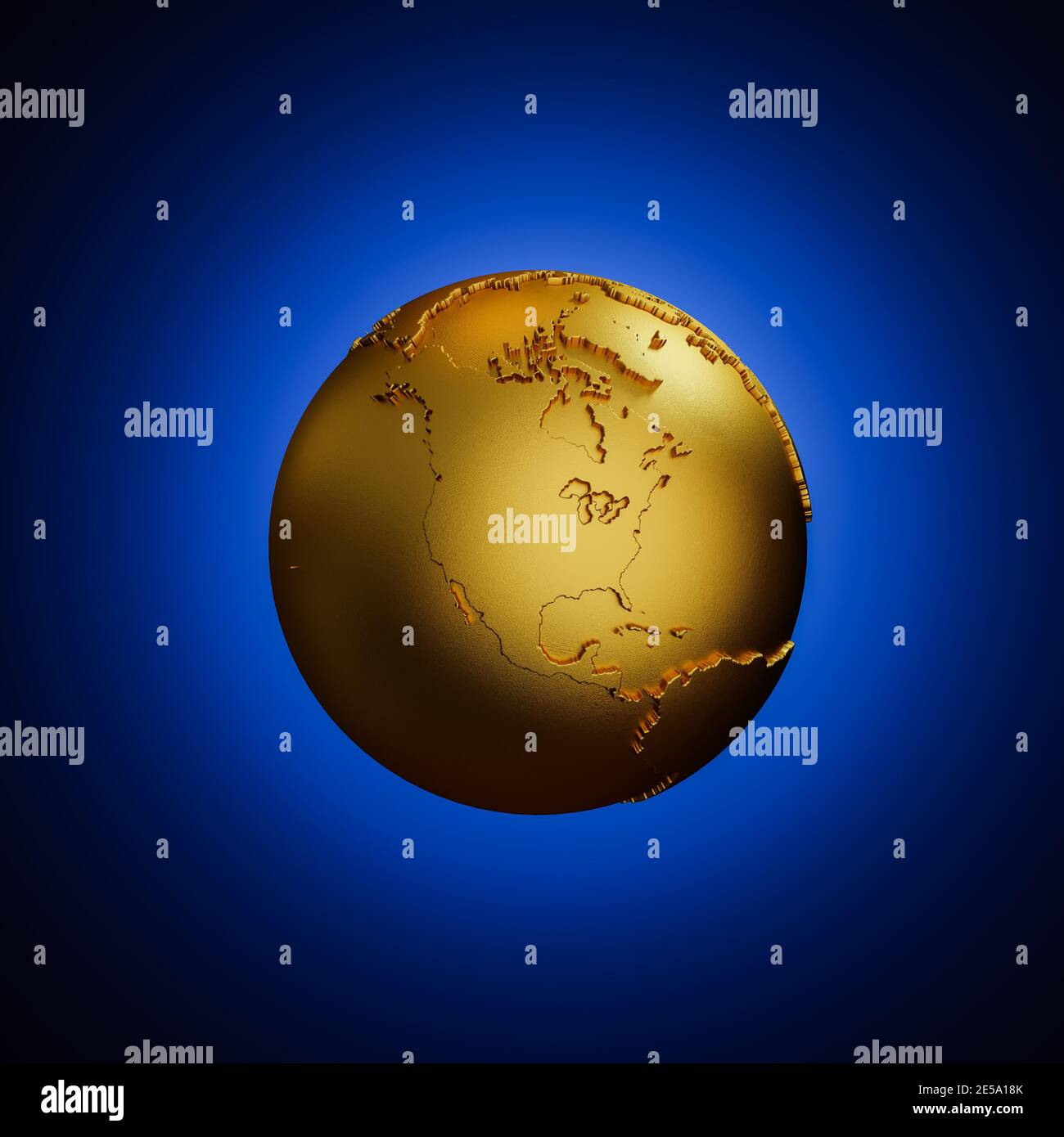 Texturierter goldener Erdglobus mit nordamerikanischer Darstellung vorne. Blauer Verlaufshintergrund. 3d-Rendering Stockfoto