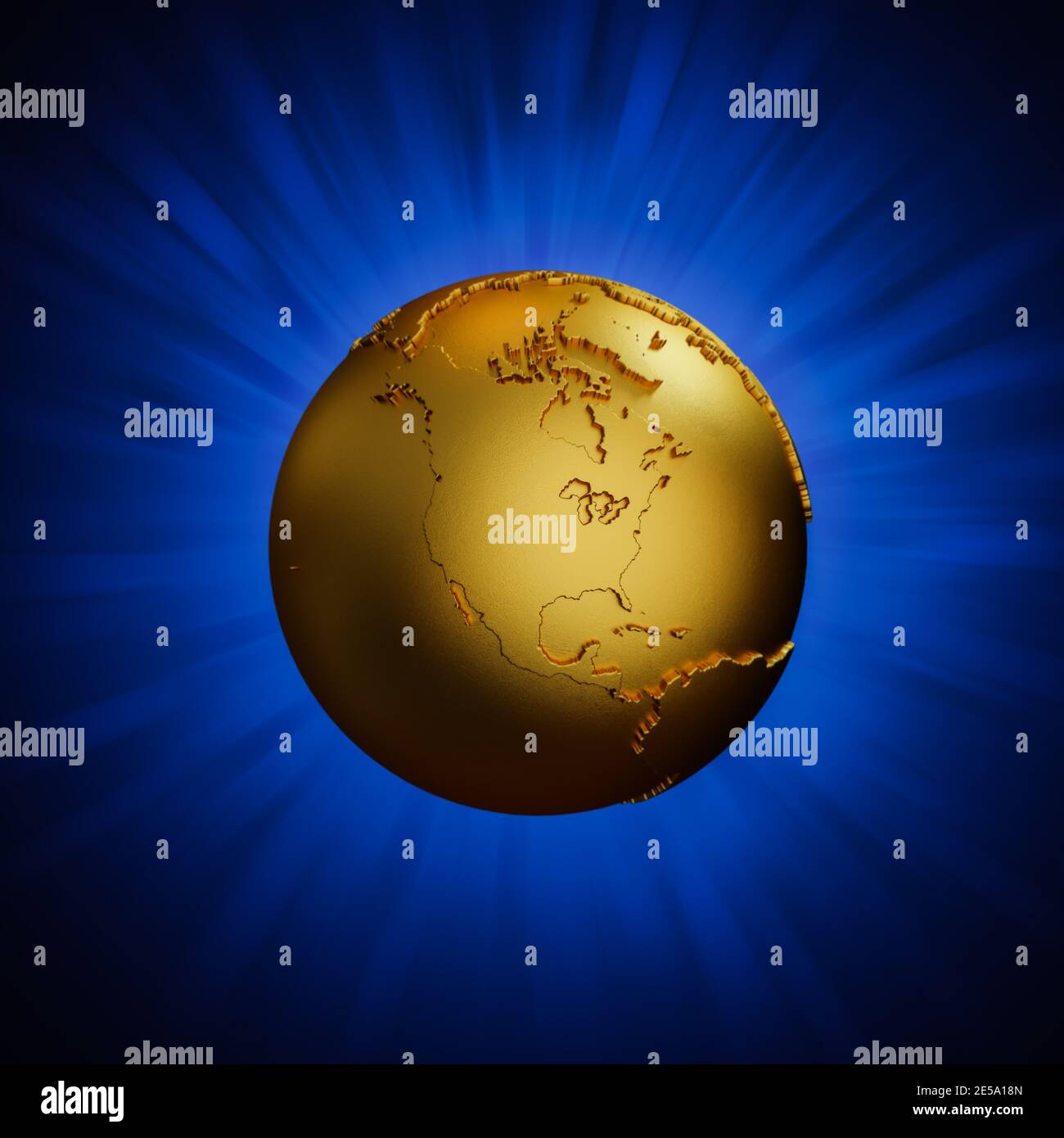 Texturierter goldener Erdglobus mit nordamerikanischer Darstellung vorne. Blauer Verlaufshintergrund mit radialen Strahlen. 3d-Rendering Stockfoto