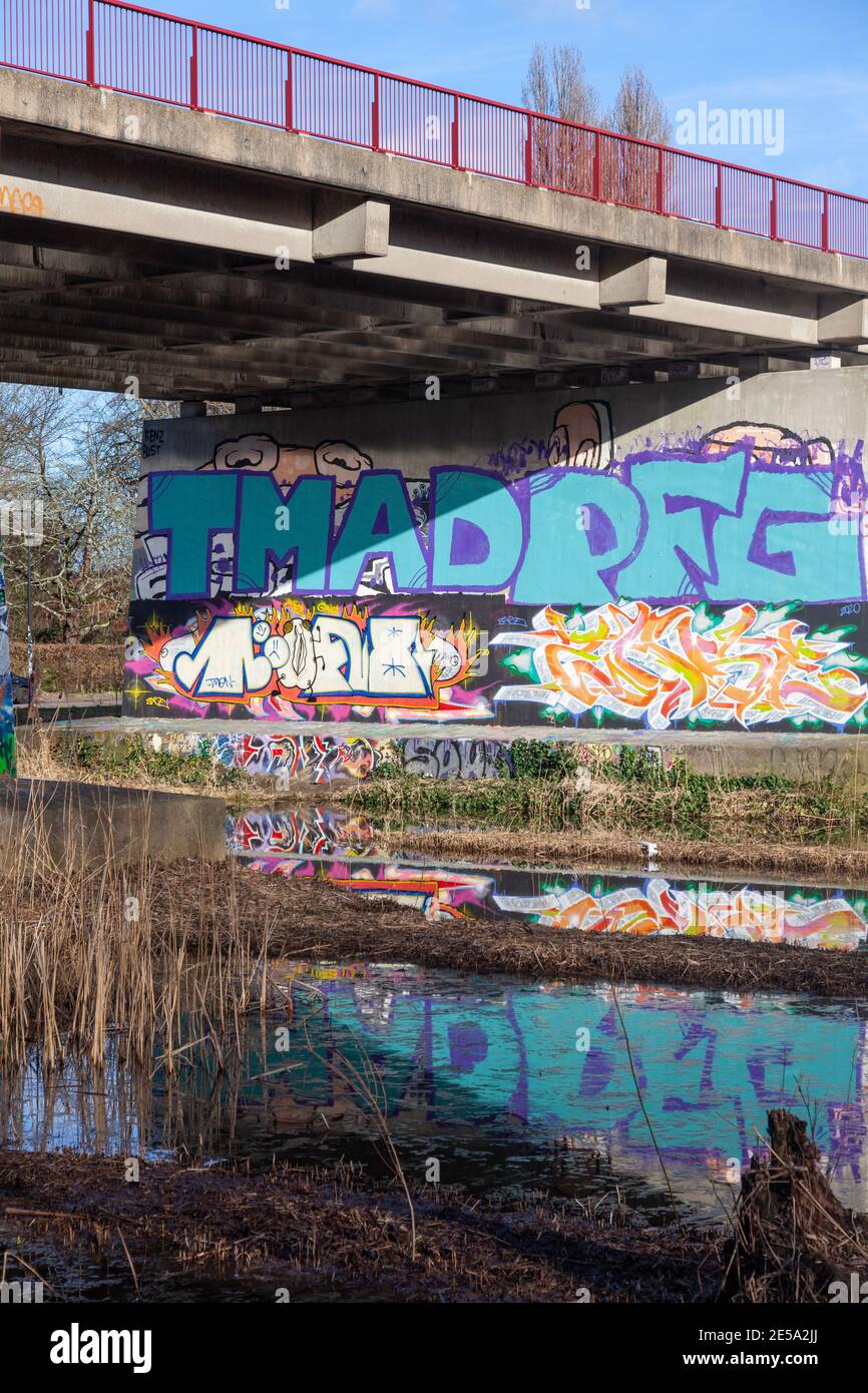 Graffiti unter der Brücke in der Straßenbahnhaltestelle von Flevopark, Amsterdam, Niederlande Stockfoto