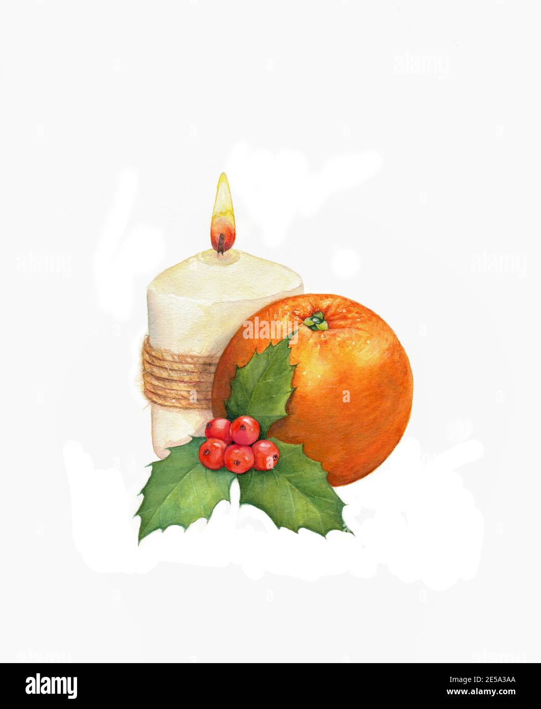 Weihnachtskomposition: Kerze, Orange und ein Zweig Mistel. Stockfoto