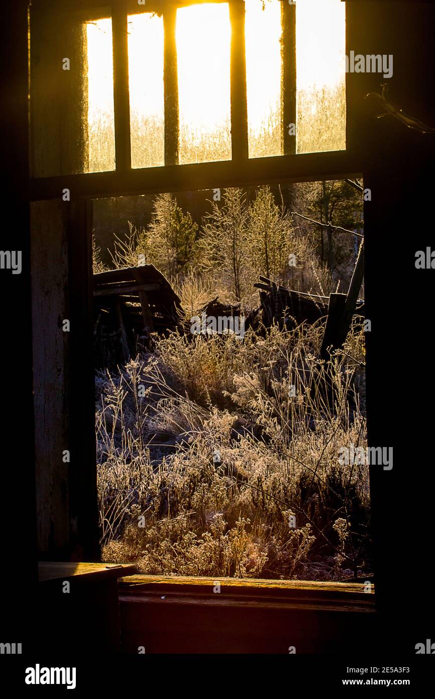 Ein Bild von der Zerstörung des Gehöfts hinter dem zertrümmerten frostigen Fenster eines verlassenen Hauses. Das Konzept einer Vergangenheit stoppte Leben, Trostlosigkeit a Stockfoto