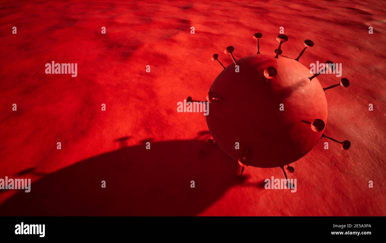 Konzept oder konzeptionelle 3d-Darstellung von Coronavirus auf rotem Hintergrund Als Warnung vor dem weltweiten Ausbruch und der Gefahr von Übertragung des Tcoronavirus Stockfoto