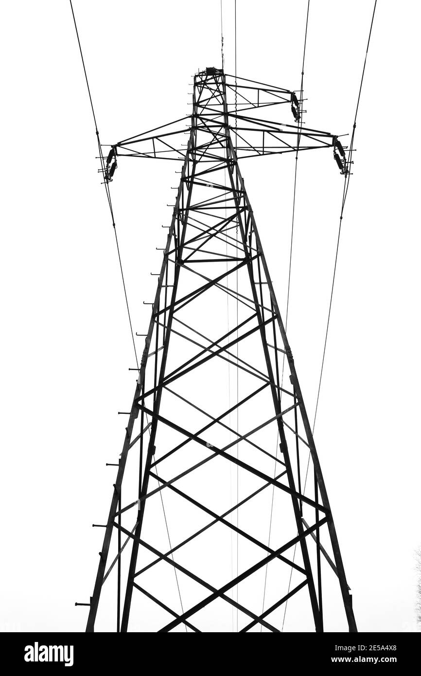 Hochspannungsnetzmast mit Stromkabeln Stockfoto