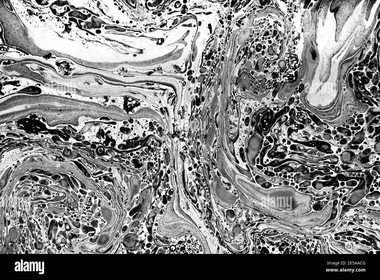 Handmarmorierte Papieruntergrund in Schwarz, Weiß und Grautönen. Gewellte Tinte auf weißem Hintergrund. Stockfoto