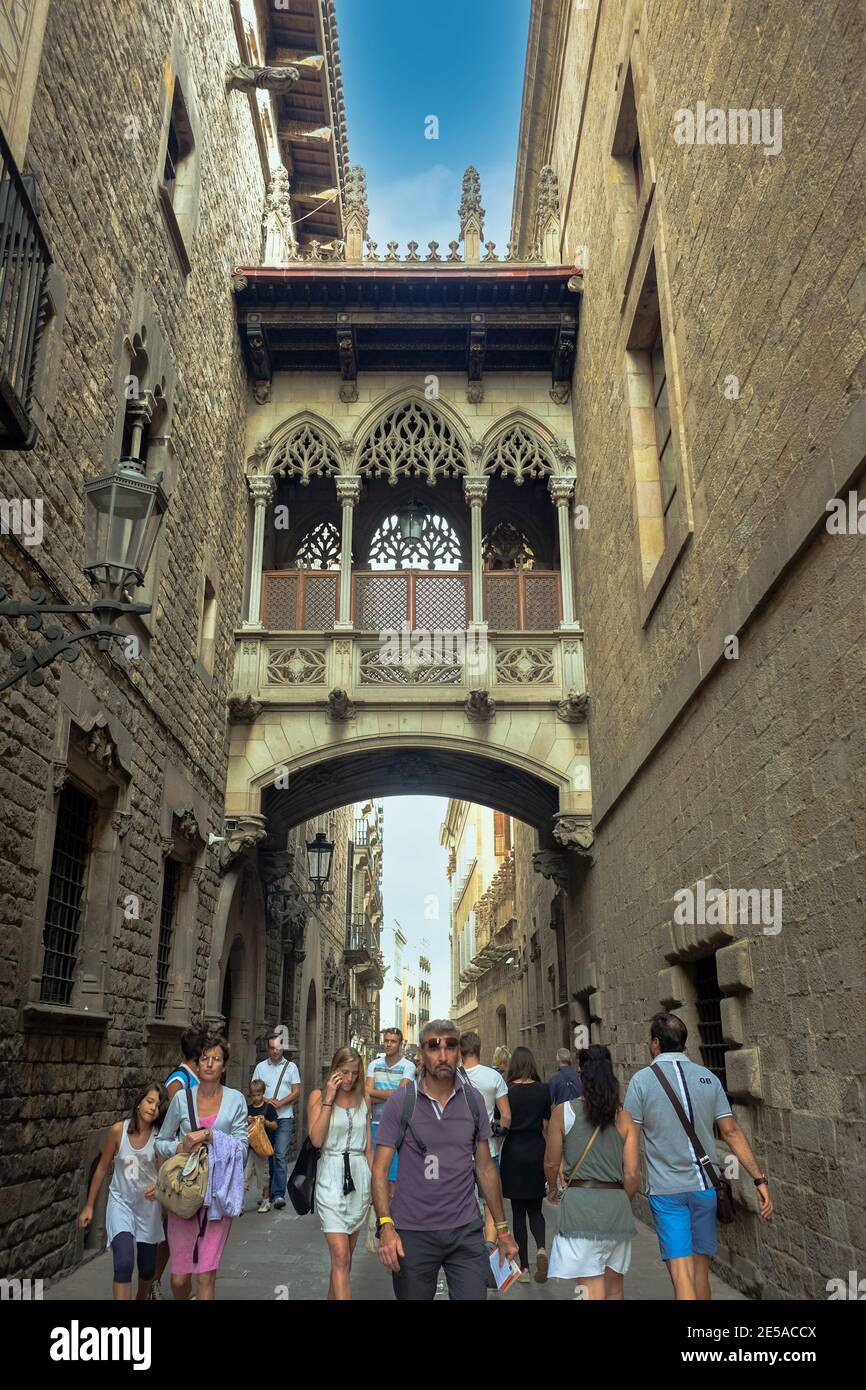 Touristen zu Fuß durch die Altstadt ( Ciutat Vella ) des gotischen Viertels von Barcelona im Sommer, Katalonien, Spanien. Stockfoto