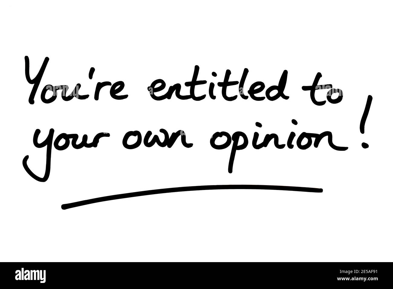 Sie haben Anspruch auf Ihre eigene Meinung! Handgeschrieben auf weißem Hintergrund. Stockfoto