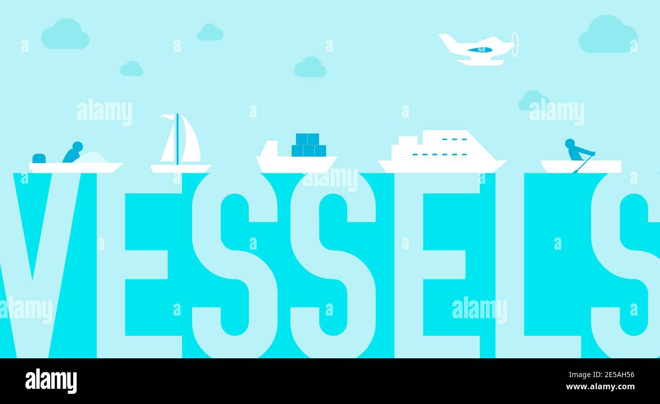 Schiffe, Boote, Schiffstypen. Meereslandschaft. Flache Vektorgrafik auf blauem Hintergrund. Stock Vektor