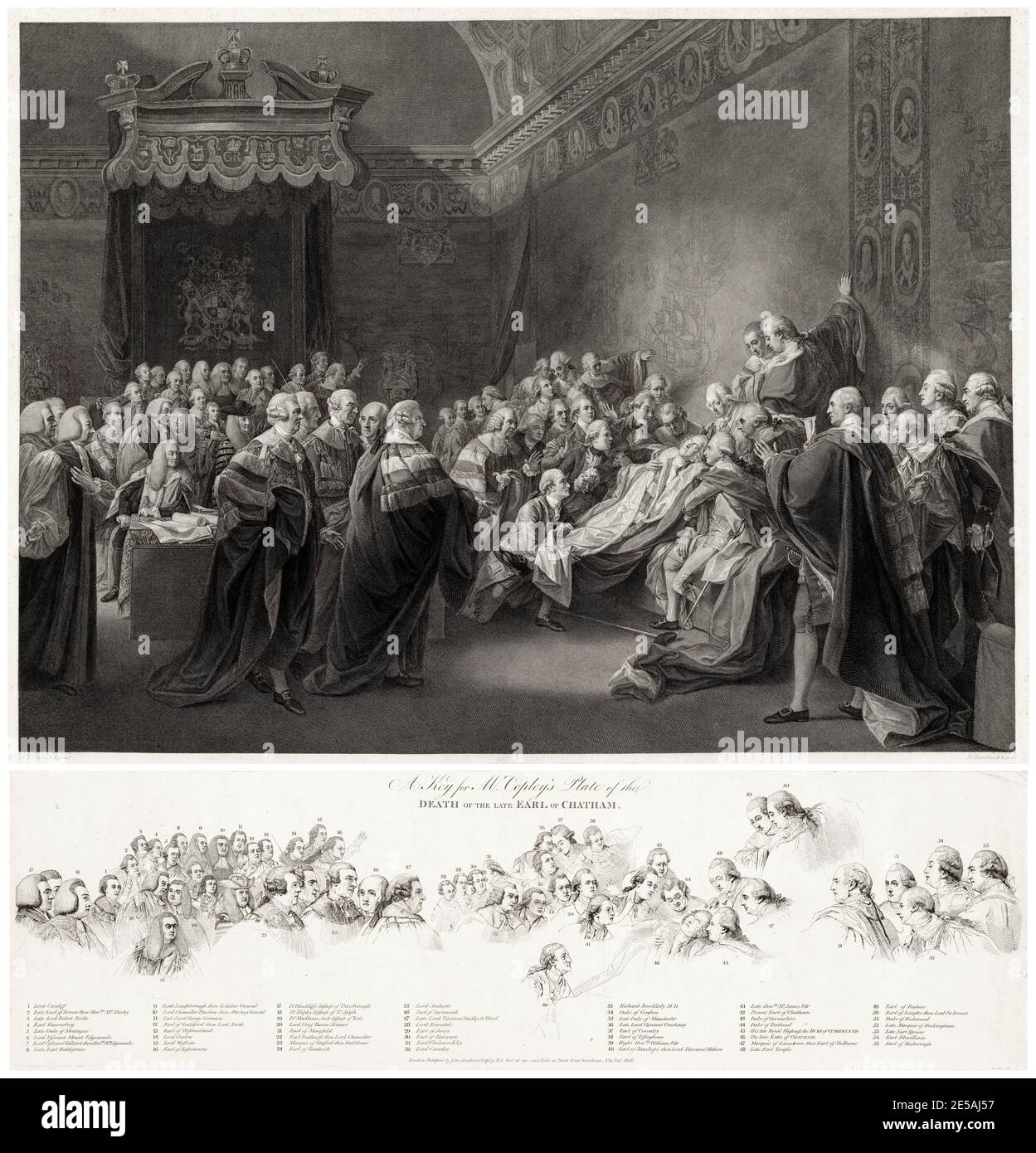 Der Tod des Earl of Chatham (William Pitt, 1. Earl of Chatham, 1708-1778 mit einem Schlüssel zu den Lords im Bild), Stich von Francesco Bartolozzi nach John Singleton Copley, 1791 Stockfoto