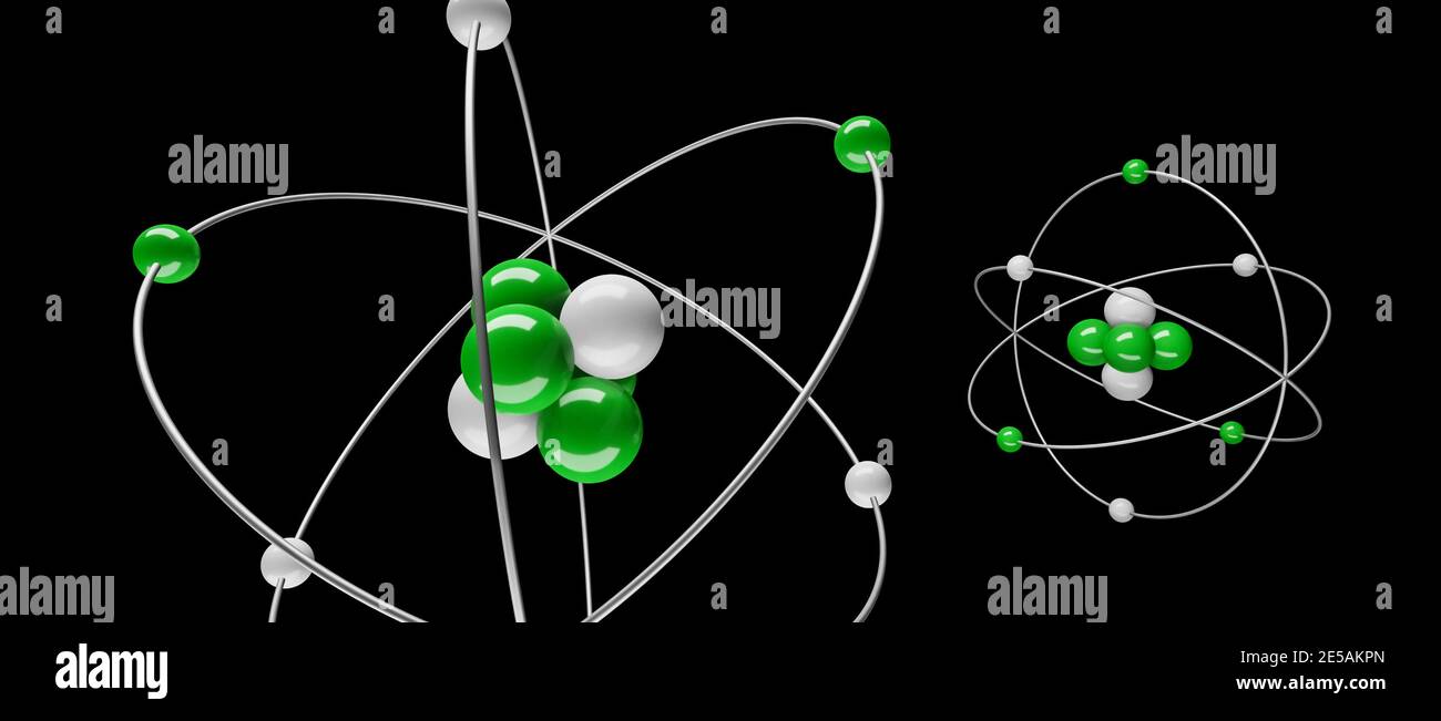 3D-Modell von Atomen mit Kern, Elektronen, Protonen und Neutronen umkreisen, Kreisbahn, cgi Rendering Illustration, schwarzer Hintergrund, Rendering Stockfoto