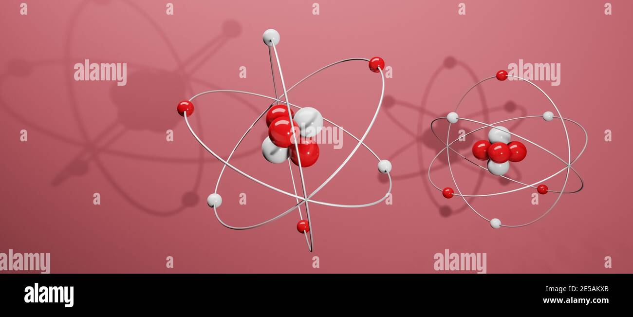 3D-Modell von Atomen mit Kern, Elektronen, Protonen und Neutronen umkreisen, Kreisbahn, cgi Rendering Illustration, roter Hintergrund, Rendering Stockfoto