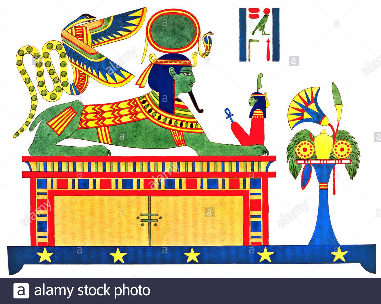 Altes Ägypten, Sphinx und Maat Tochter des Sonnengottes Ra, Vintage Illustration von 1823 Stockfoto